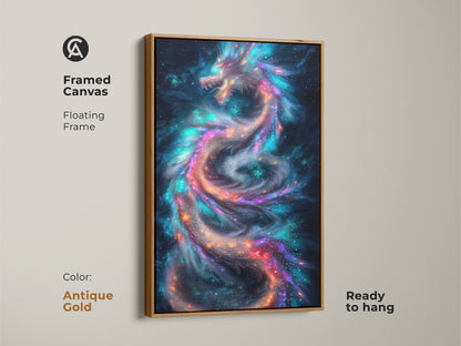 Framed canvas of a cosmic dragon with a floating antique gold frame. This fantasy art features celestial mythology. The colors are a blend of blue purple and teal. This wall decor is ready to hang. Perfect gift for fantasy fans.