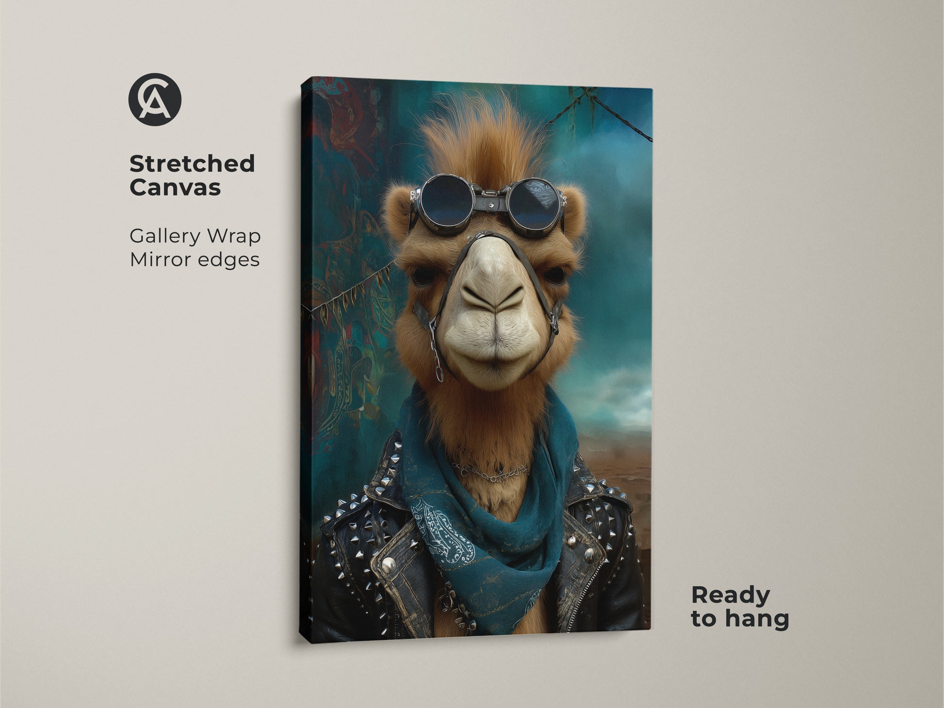 This canvas print features a punk camel in a studded leather jacket and goggles. It's a cool piece of animal artwork ready to hang. The gallery wrap and mirror edges give it a clean modern look. Perfect for a bedroom or man cave.