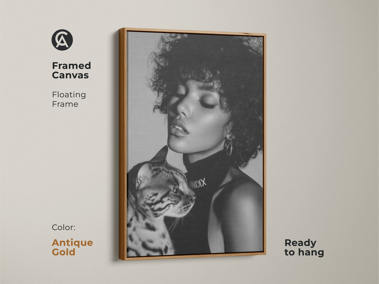 Antique gold framed canvas art showcasing a monochrome woman with Bengal cat. This floating frame offers a chic contemporary accent. Ready to hang and bring elegance to your space. An ideal gift for art lovers.
