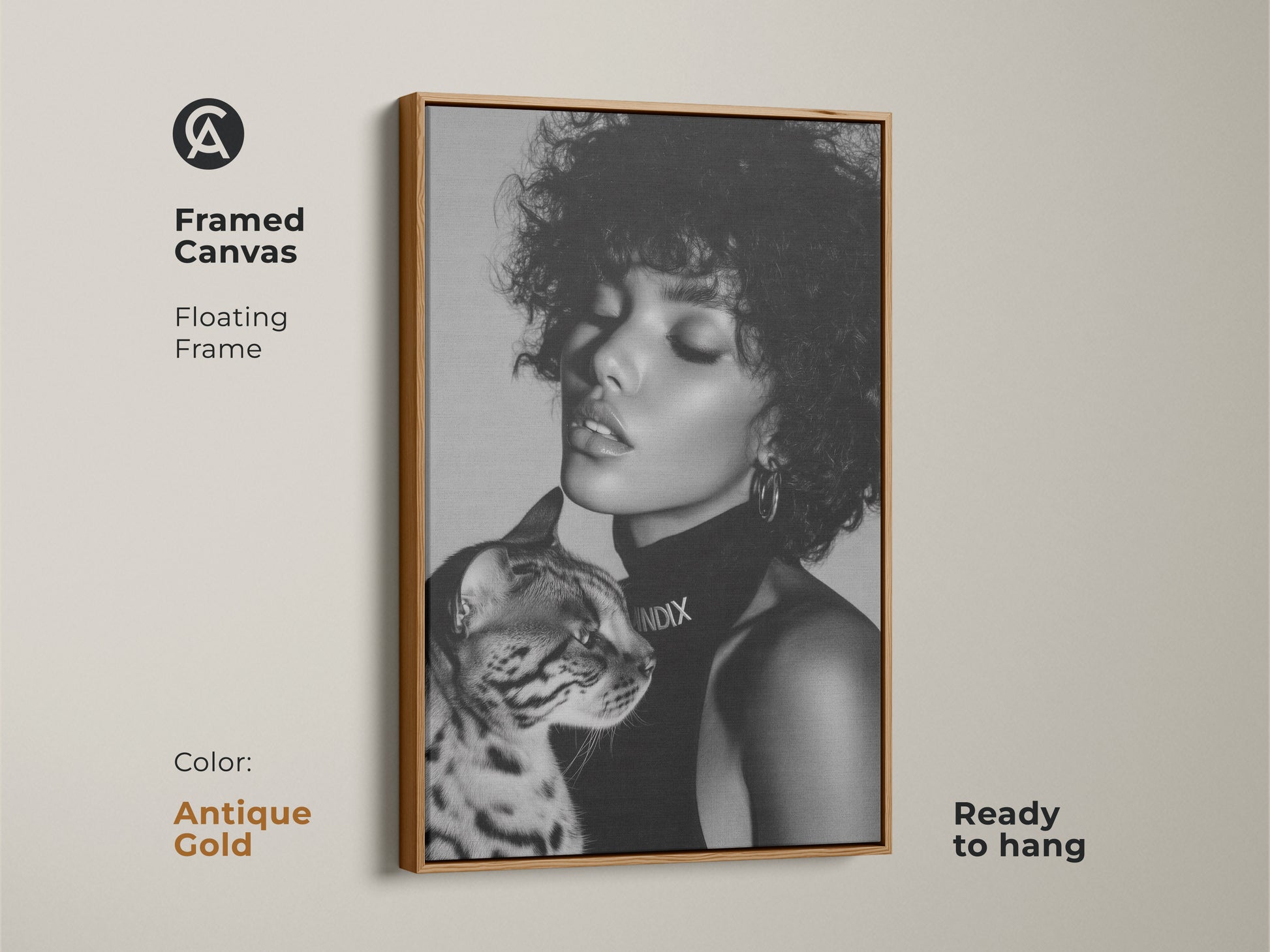 Antique gold framed canvas art showcasing a monochrome woman with Bengal cat. This floating frame offers a chic contemporary accent. Ready to hang and bring elegance to your space. An ideal gift for art lovers.