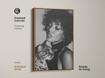 Antique gold framed canvas art showcasing a monochrome woman with Bengal cat. This floating frame offers a chic contemporary accent. Ready to hang and bring elegance to your space. An ideal gift for art lovers.