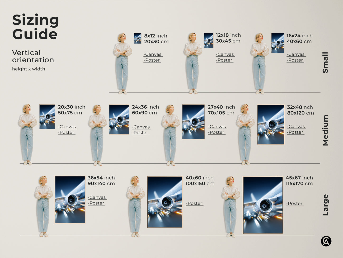 Sizing guide for vertical prints of the jet engine artwork. Available in small medium and large sizes for canvas and posters. Find the perfect fit for your space and enjoy this modern art.