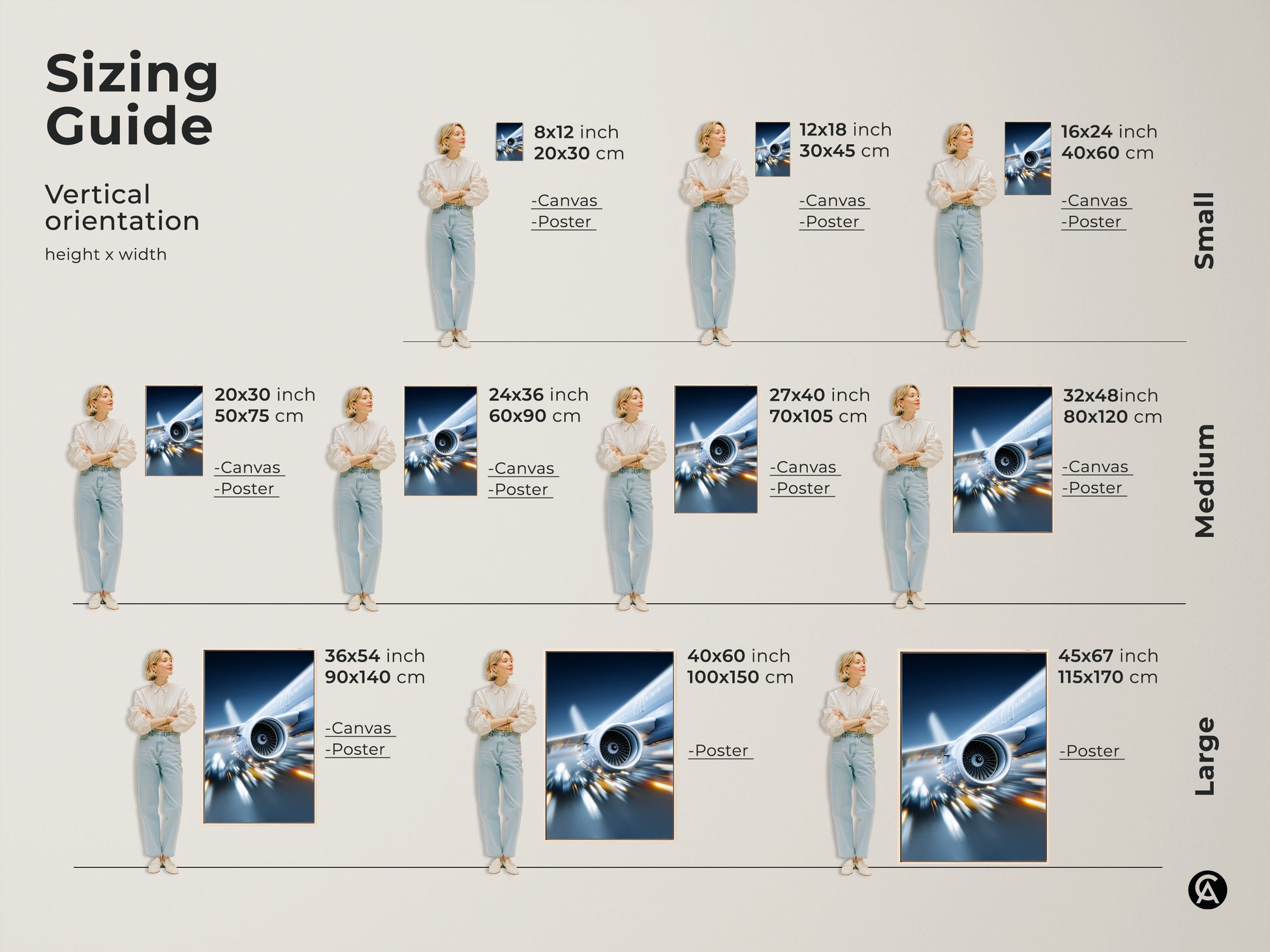 Sizing guide for vertical prints of the jet engine artwork. Available in small medium and large sizes for canvas and posters. Find the perfect fit for your space and enjoy this modern art.
