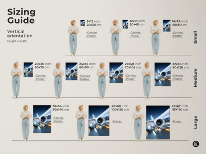 Sizing guide for vertical prints of the jet engine artwork. Available in small medium and large sizes for canvas and posters. Find the perfect fit for your space and enjoy this modern art.