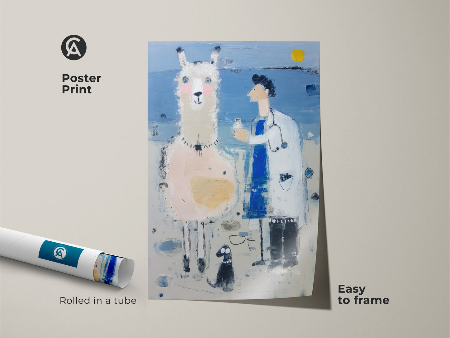 This poster print features a surreal llama artwork. The rolled quirky wall hanging is easy to frame. It is humorous art that will look great in a doctor's office. It will also be great as a llama themed art for animal lovers.