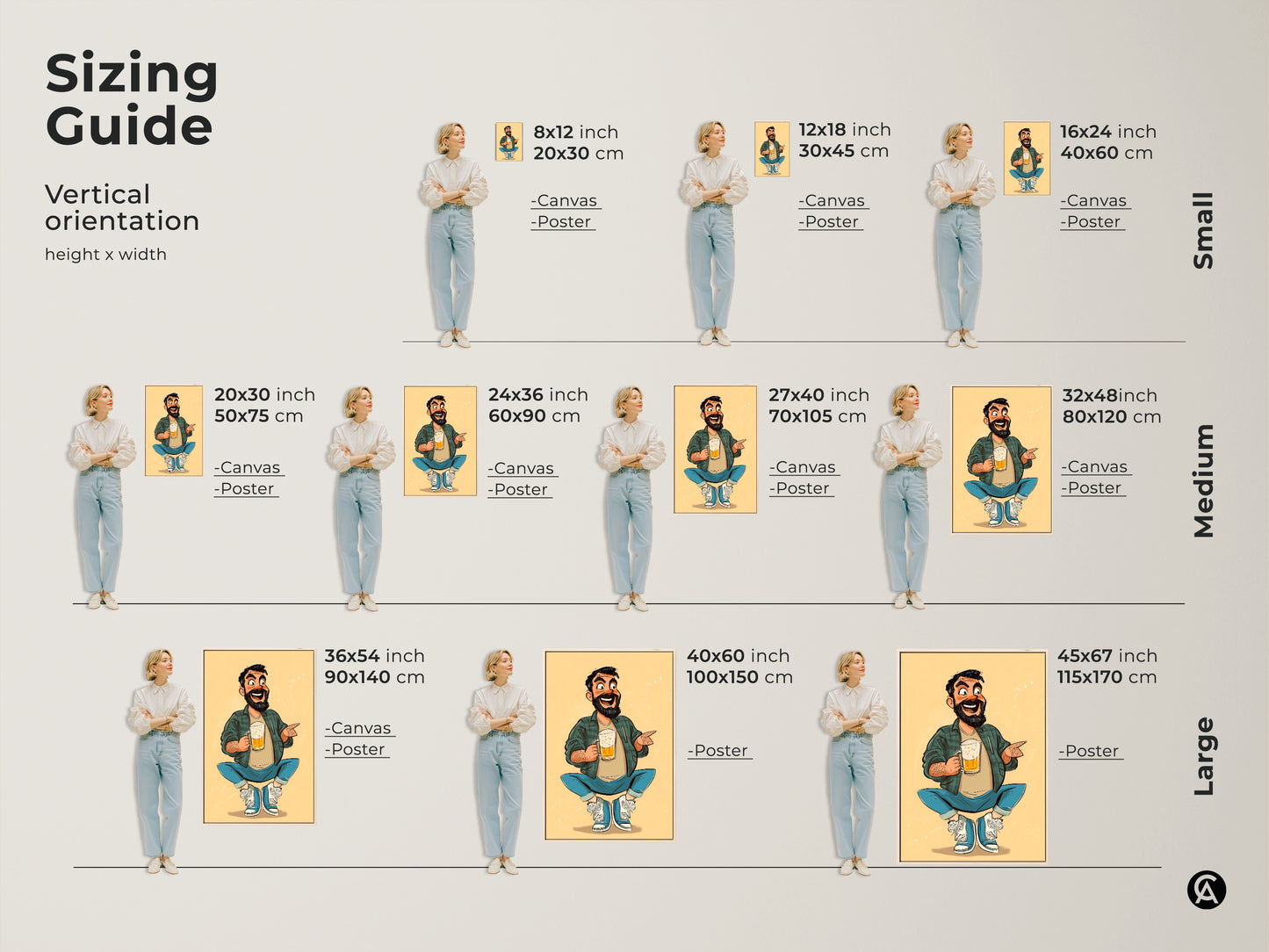 Sizing guide showing the cartoon man with beer art print in various sizes. Visualize this funny beer lover gift in your space. Perfect wall art for a man cave pub or home bar area. Find your ideal fit.
