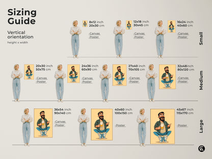 Sizing guide showing the cartoon man with beer art print in various sizes. Visualize this funny beer lover gift in your space. Perfect wall art for a man cave pub or home bar area. Find your ideal fit.