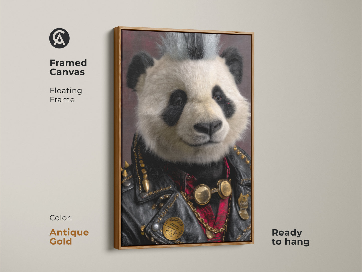 Framed Canvas of the Punk Rock Panda with an antique gold floating frame. This unique animal artwork makes a bold statement. It is perfect gift for music lovers. Enhance your space with this cool panda wall art and alternative music decor.
