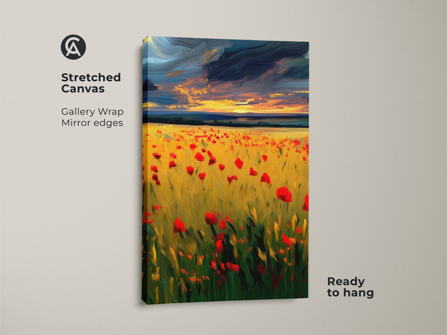 Stretched canvas art print shows a gallery wrapped impressionistic poppy field. Mirror edges enhance the golden hour landscape. This boho decor is ready to hang adding charm to any room a perfect nature lovers gift.