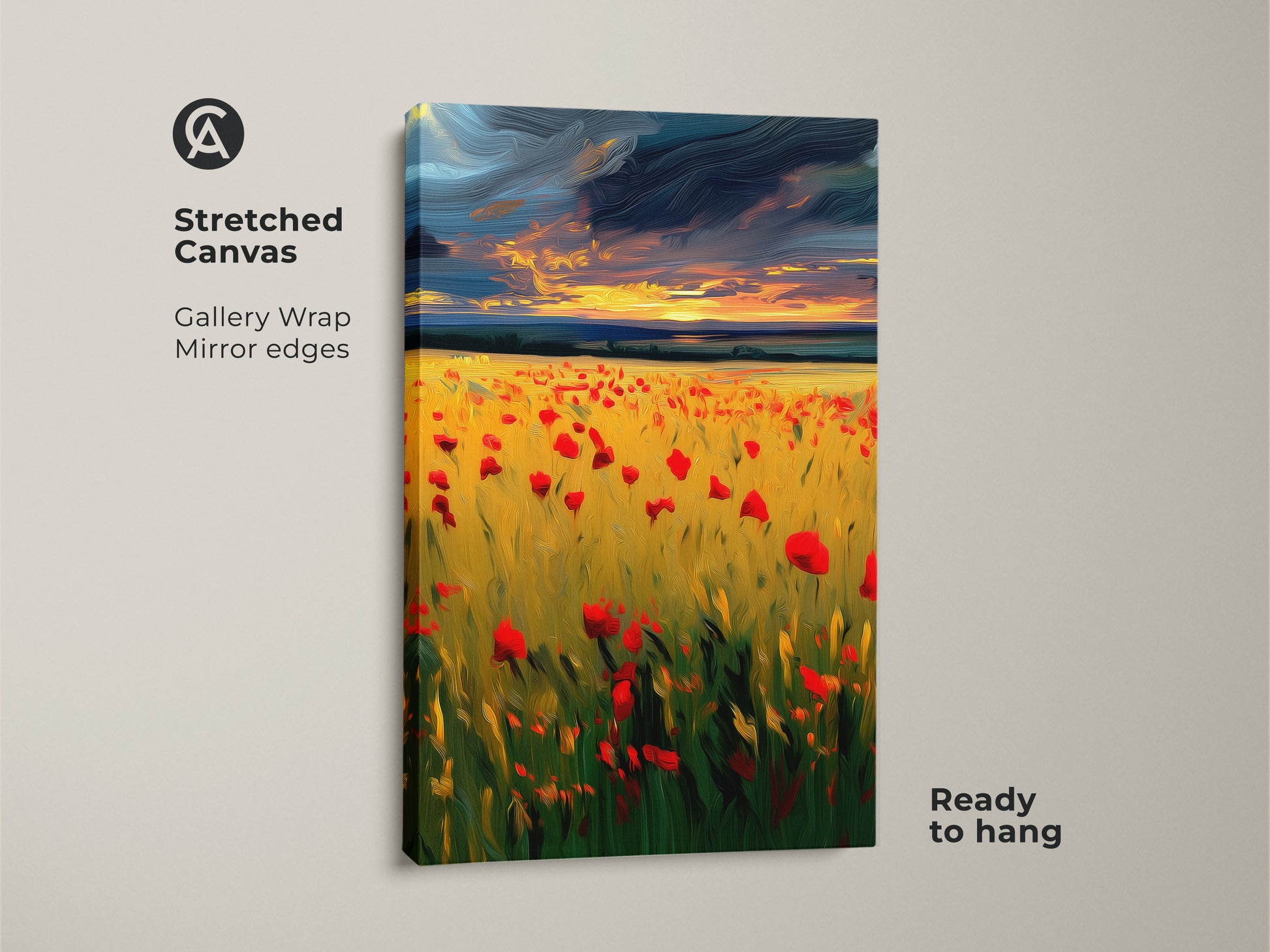 Stretched canvas art print shows a gallery wrapped impressionistic poppy field. Mirror edges enhance the golden hour landscape. This boho decor is ready to hang adding charm to any room a perfect nature lovers gift.