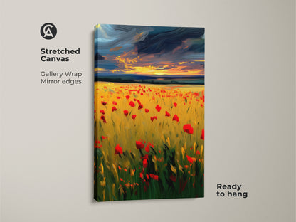 Stretched canvas art print shows a gallery wrapped impressionistic poppy field. Mirror edges enhance the golden hour landscape. This boho decor is ready to hang adding charm to any room a perfect nature lovers gift.