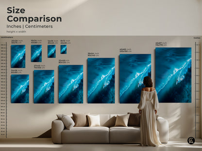 Size comparison of ocean wave art in inches and centimeters. Visualize how different sizes fit in a living room setting. Select the ideal dimensions to complement your home decor with stunning wall art.