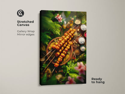 A gallery-wrapped stretched canvas showcasing a culinary-themed art piece. The artwork features grilled skewers surrounded by tropical foliage. The mirror edges enhance the immersive feel. This ready-to-hang canvas adds a touch of exotic cuisine and natural beauty to your home decor.