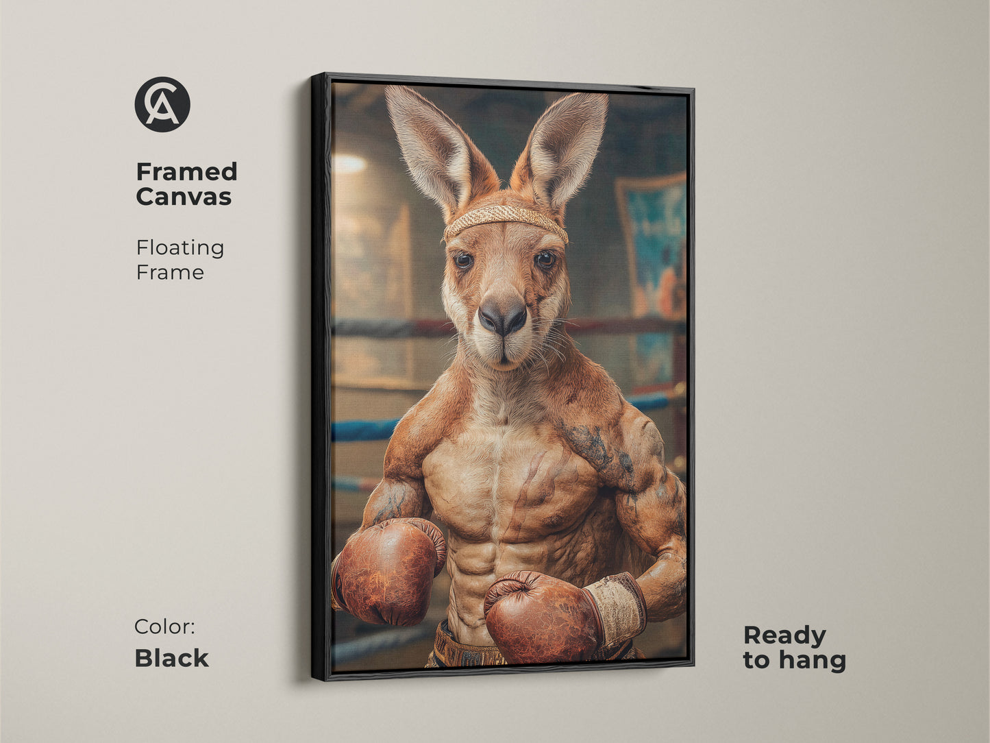Framed canvas of a surreal muscular kangaroo in a boxing stance. This floating framed print is ready to hang. It is perfect for animal sports art. This unusual tan wall art will add personality to a boxing gym or man cave.