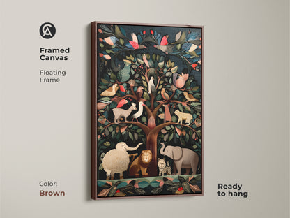 Brown framed canvas art featuring a Folk Art Tree of Life. It features exotic birds and animals in deep teal brown and emerald green tones. This nature inspired wall art is ready to hang. This animal lover artwork makes a cozy home decor accent.