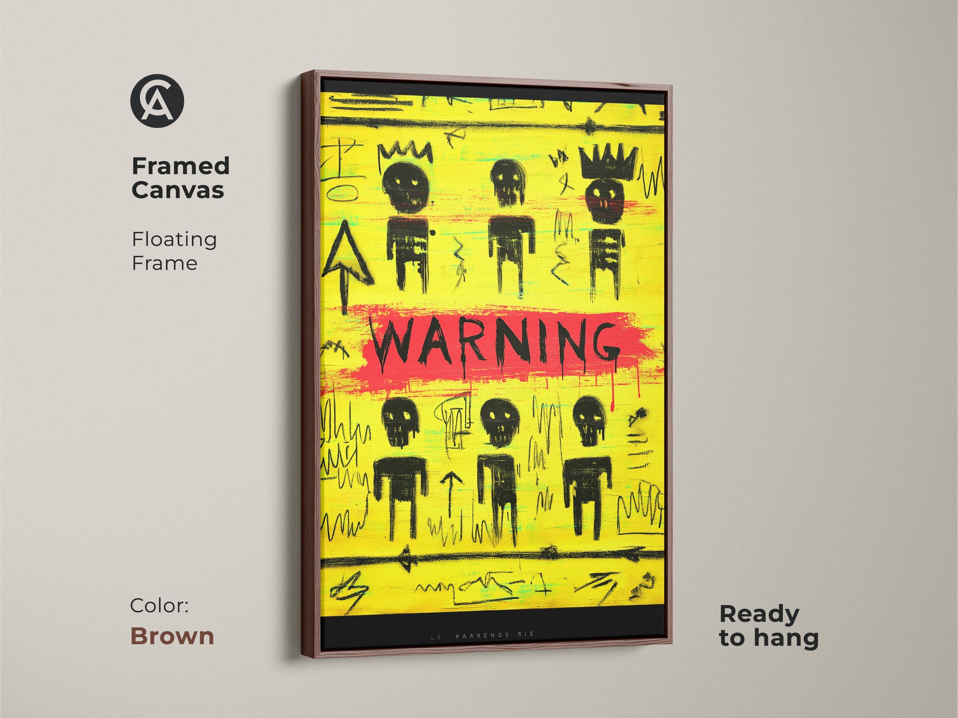 Framed neo-expressionism canvas in a brown floating frame. The yellow and black graffiti art print features stick figures. Ready to hang for eclectic home decor. Ideal as a unique birthday gift for art enthusiasts. The abstract street art adds a bold statement.