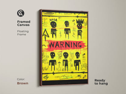 Framed neo-expressionism canvas in a brown floating frame. The yellow and black graffiti art print features stick figures. Ready to hang for eclectic home decor. Ideal as a unique birthday gift for art enthusiasts. The abstract street art adds a bold statement.