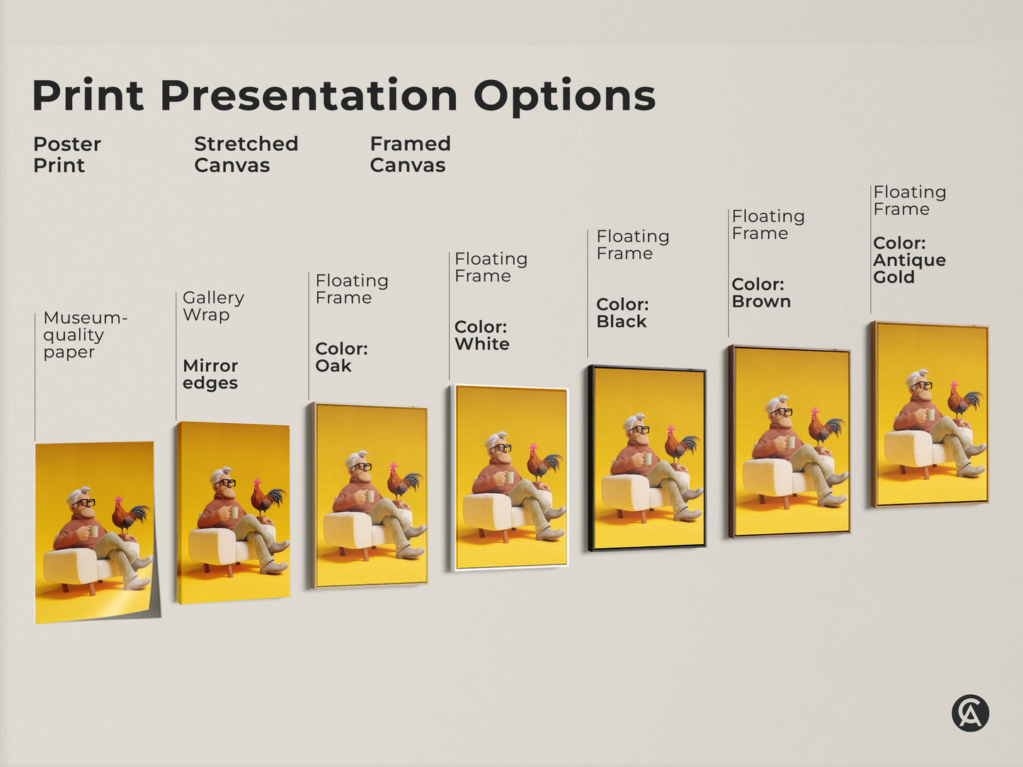 Explore print presentation options for the man with rooster artwork. Choose from poster prints stretched canvas or framed canvas. Floating frames are available in oak white black brown and antique gold. Museum quality paper and mirror edges enhance the artwork. Perfect for eclectic home decor.