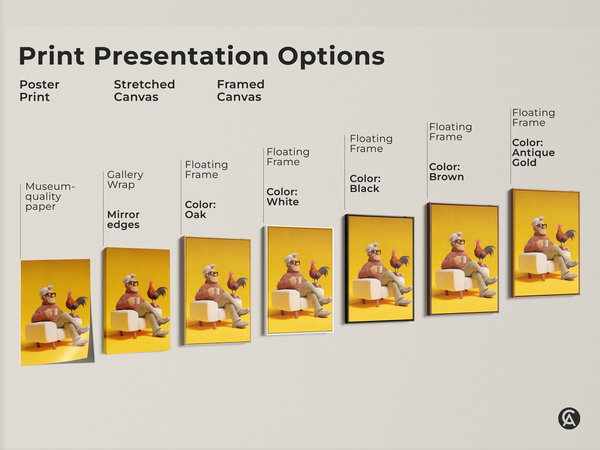Explore print presentation options for the man with rooster artwork. Choose from poster prints stretched canvas or framed canvas. Floating frames are available in oak white black brown and antique gold. Museum quality paper and mirror edges enhance the artwork. Perfect for eclectic home decor.