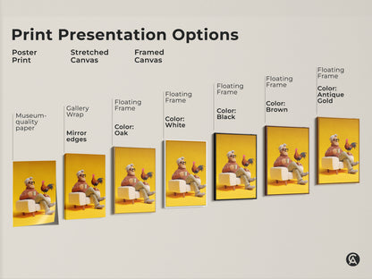 Explore print presentation options for the man with rooster artwork. Choose from poster prints stretched canvas or framed canvas. Floating frames are available in oak white black brown and antique gold. Museum quality paper and mirror edges enhance the artwork. Perfect for eclectic home decor.