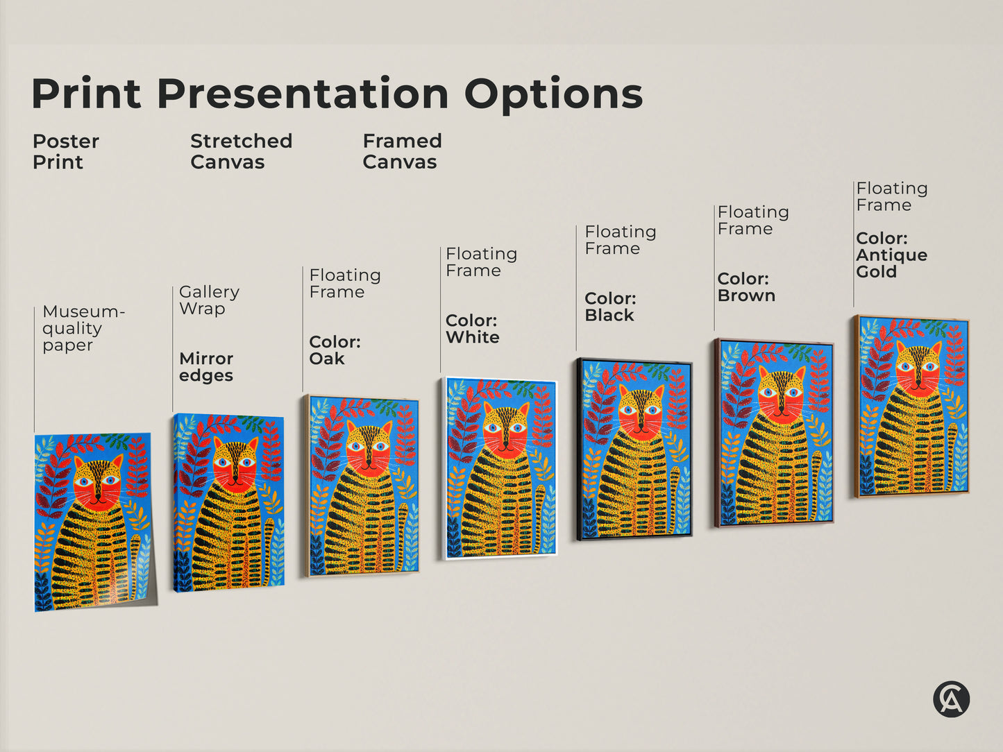 Explore print presentation options for folk art tiger cat artwork. Choose from poster print stretched canvas and framed canvas in various colors. Find the perfect animal art for your space.