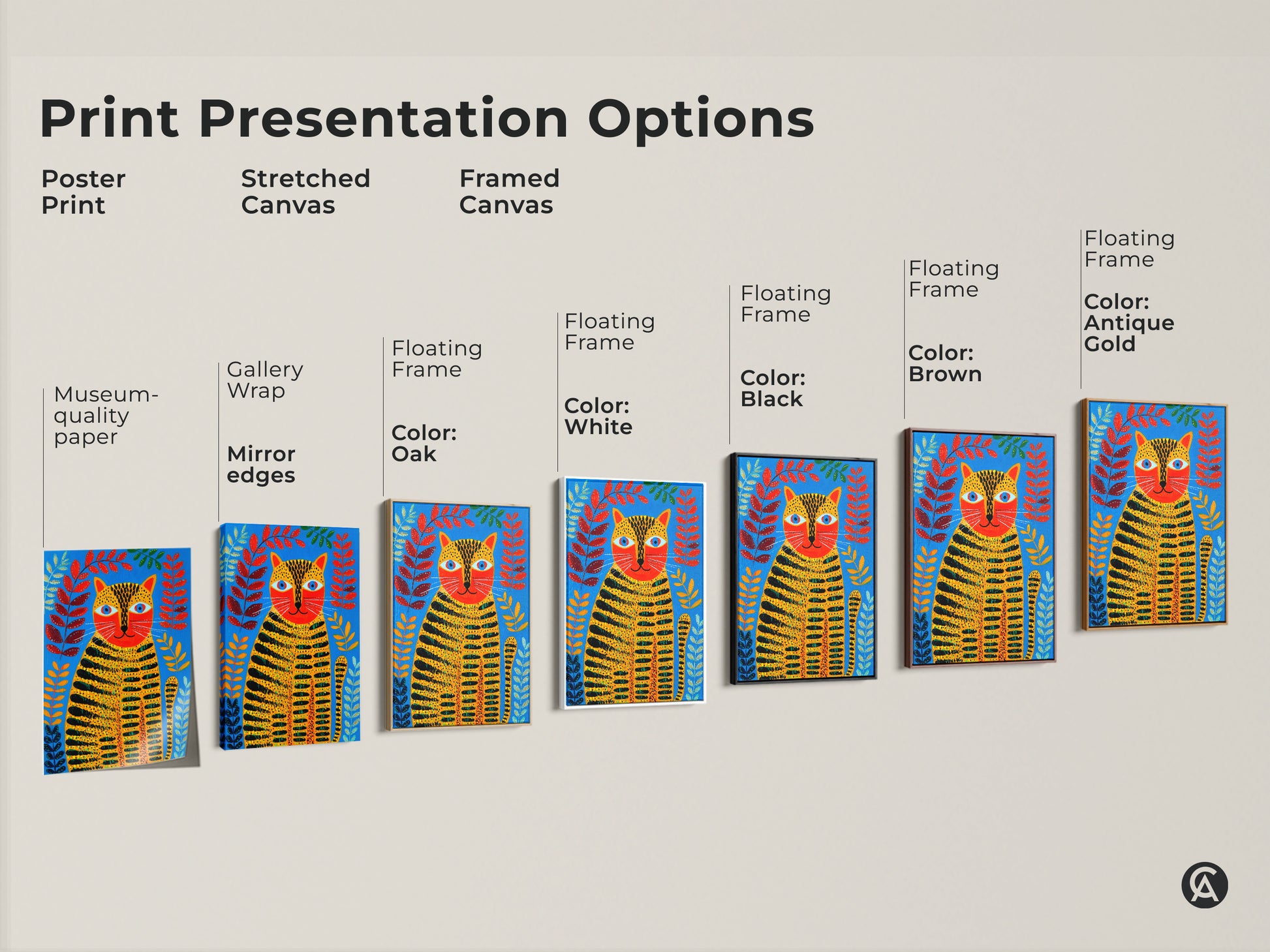 Explore print presentation options for folk art tiger cat artwork. Choose from poster print stretched canvas and framed canvas in various colors. Find the perfect animal art for your space.