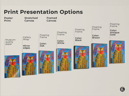 Explore print presentation options for folk art tiger cat artwork. Choose from poster print stretched canvas and framed canvas in various colors. Find the perfect animal art for your space.