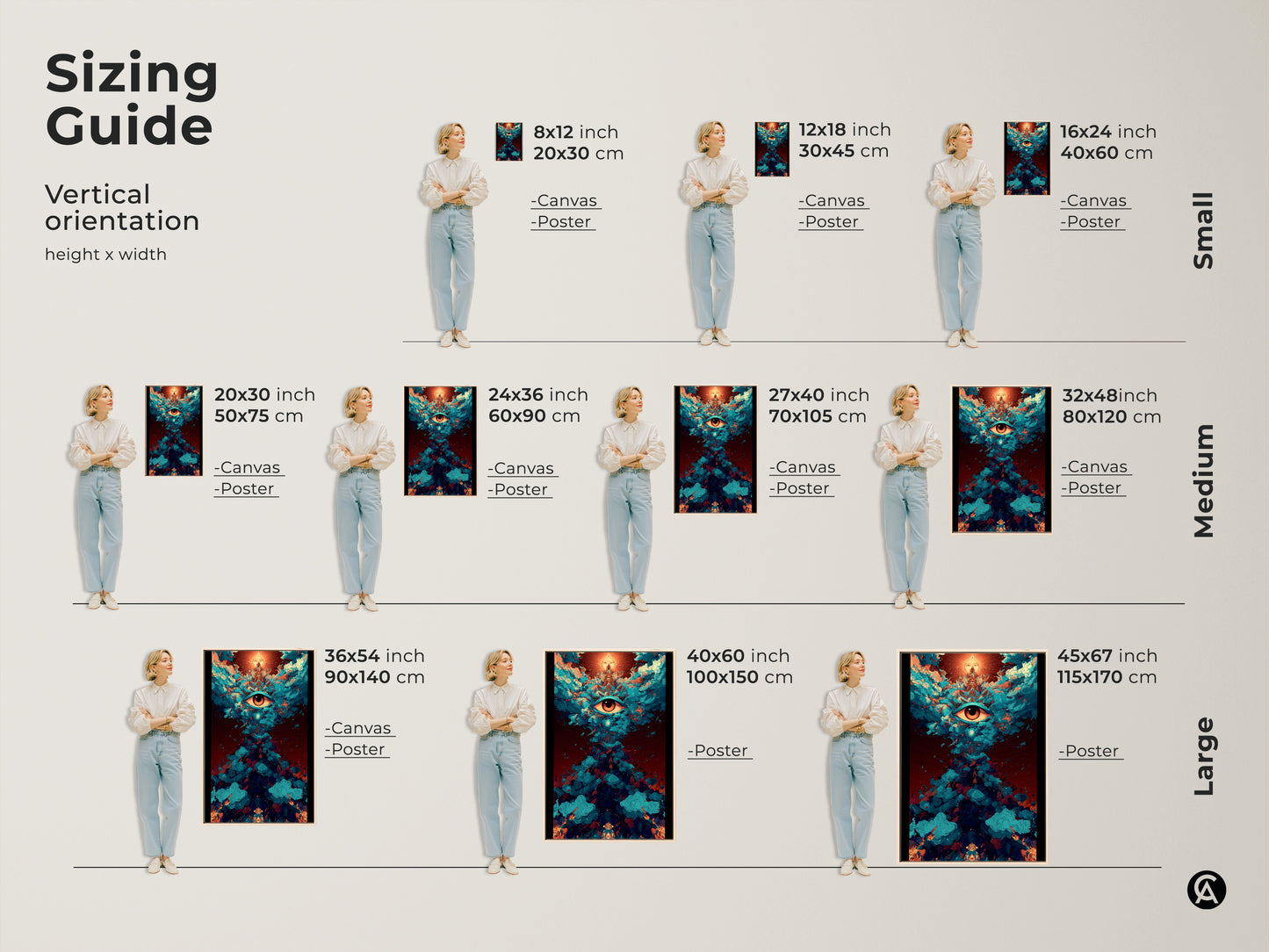 Sizing guide for vertical abstract eye canvas and poster prints. Available in small medium and large sizes. Visualize how each size fits in a space. Find the perfect fit for your spiritual abstract art. Great for eclectic home decor.