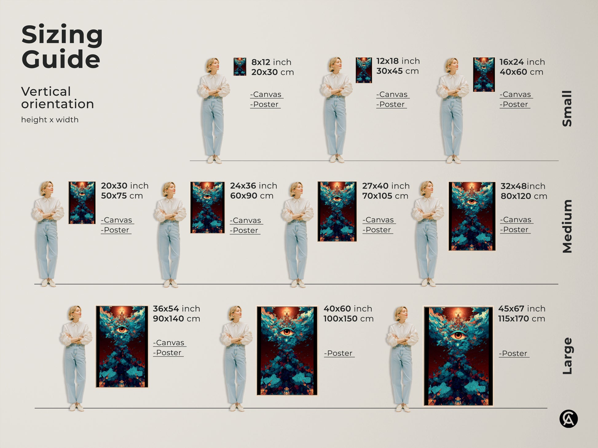 Sizing guide for vertical abstract eye canvas and poster prints. Available in small medium and large sizes. Visualize how each size fits in a space. Find the perfect fit for your spiritual abstract art. Great for eclectic home decor.