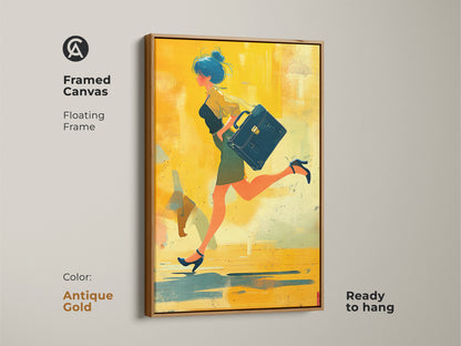 Framed canvas with antique gold floating frame showing a woman with a briefcase. This modern abstract artwork is ready to hang. A contemporary gift for her home office or workspace.