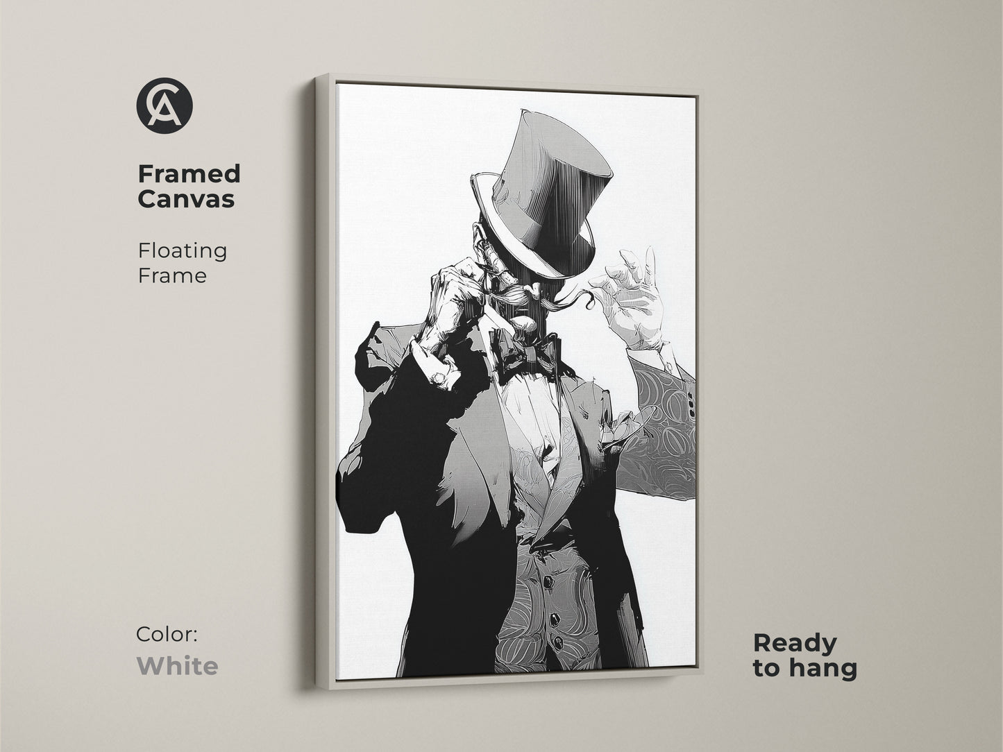 Art Deco gentleman framed canvas with a floating frame in white. This black and white portrait art is ready to hang. The top hat character print is perfect for eclectic home office decor. Add gothic style wall art to your bachelor pad. A stylish monochrome character painting.