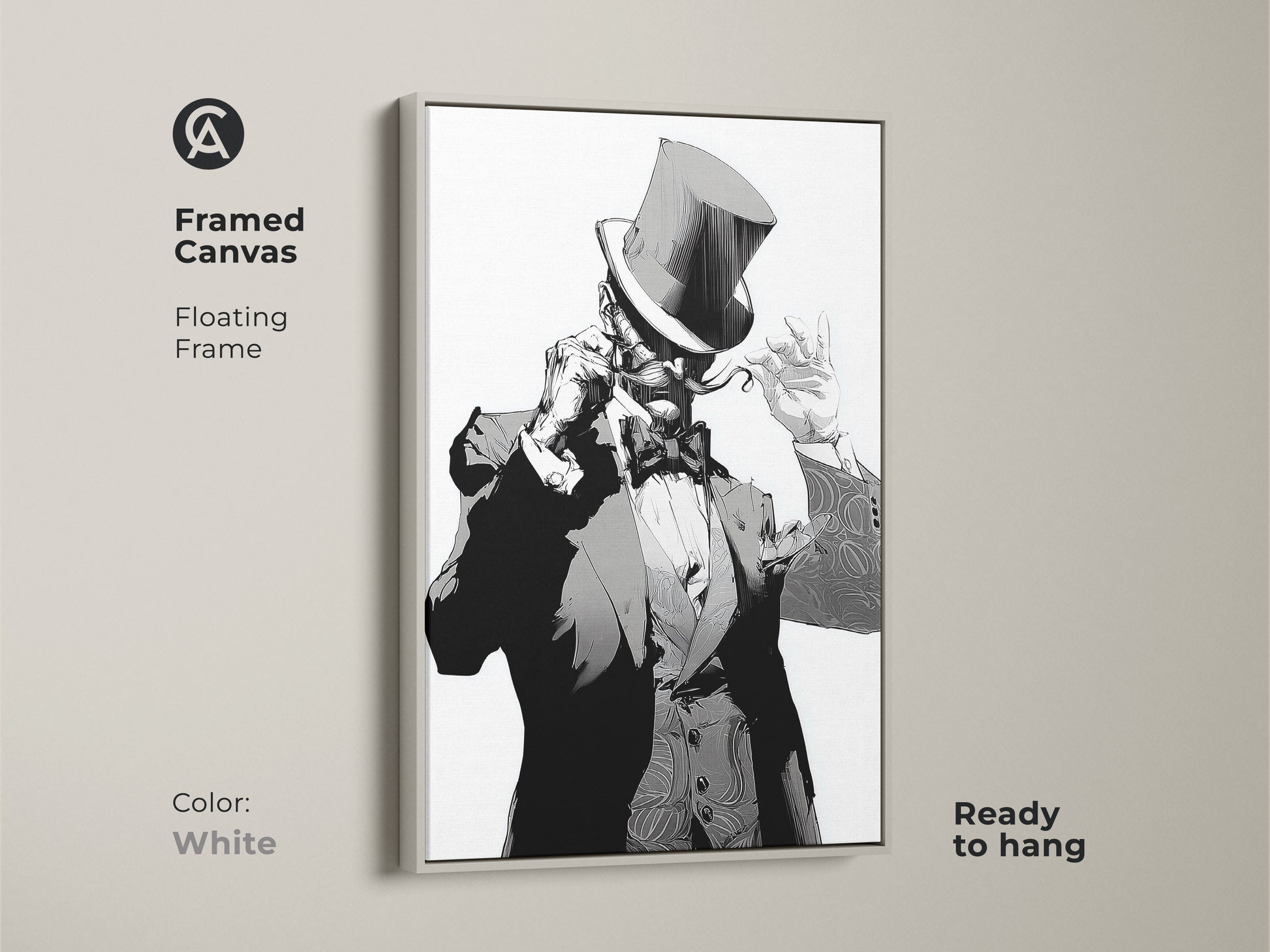 Art Deco gentleman framed canvas with a floating frame in white. This black and white portrait art is ready to hang. The top hat character print is perfect for eclectic home office decor. Add gothic style wall art to your bachelor pad. A stylish monochrome character painting.