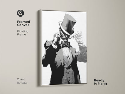 Art Deco gentleman framed canvas with a floating frame in white. This black and white portrait art is ready to hang. The top hat character print is perfect for eclectic home office decor. Add gothic style wall art to your bachelor pad. A stylish monochrome character painting.