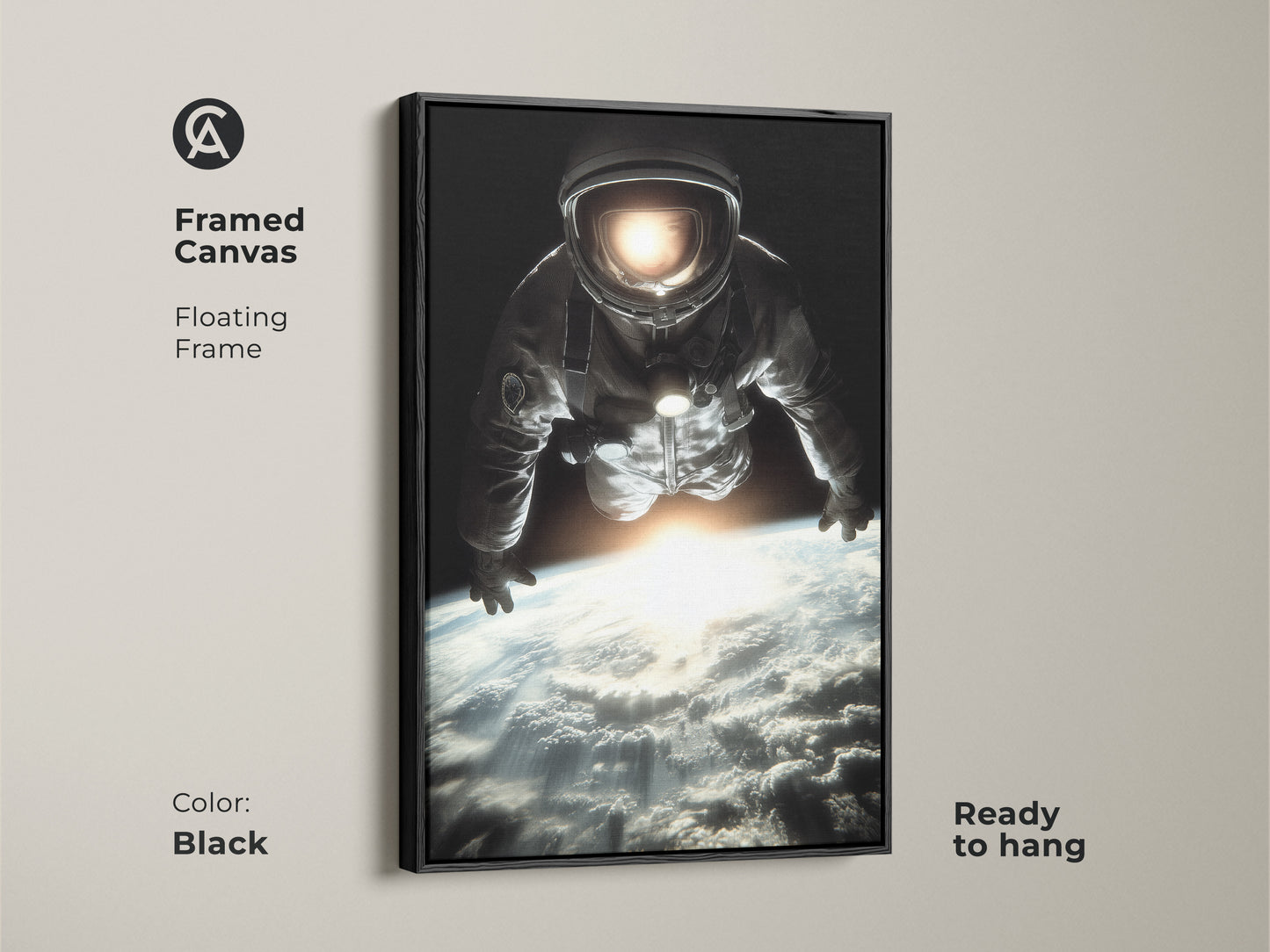 Framed canvas art featuring an astronaut floating in space. The black floating frame enhances the cinematic Earth view decor. Ready to hang. This photorealistic astronaut art is a stunning addition to any room. The black blue white colors add a modern touch. A unique gift for space lovers.