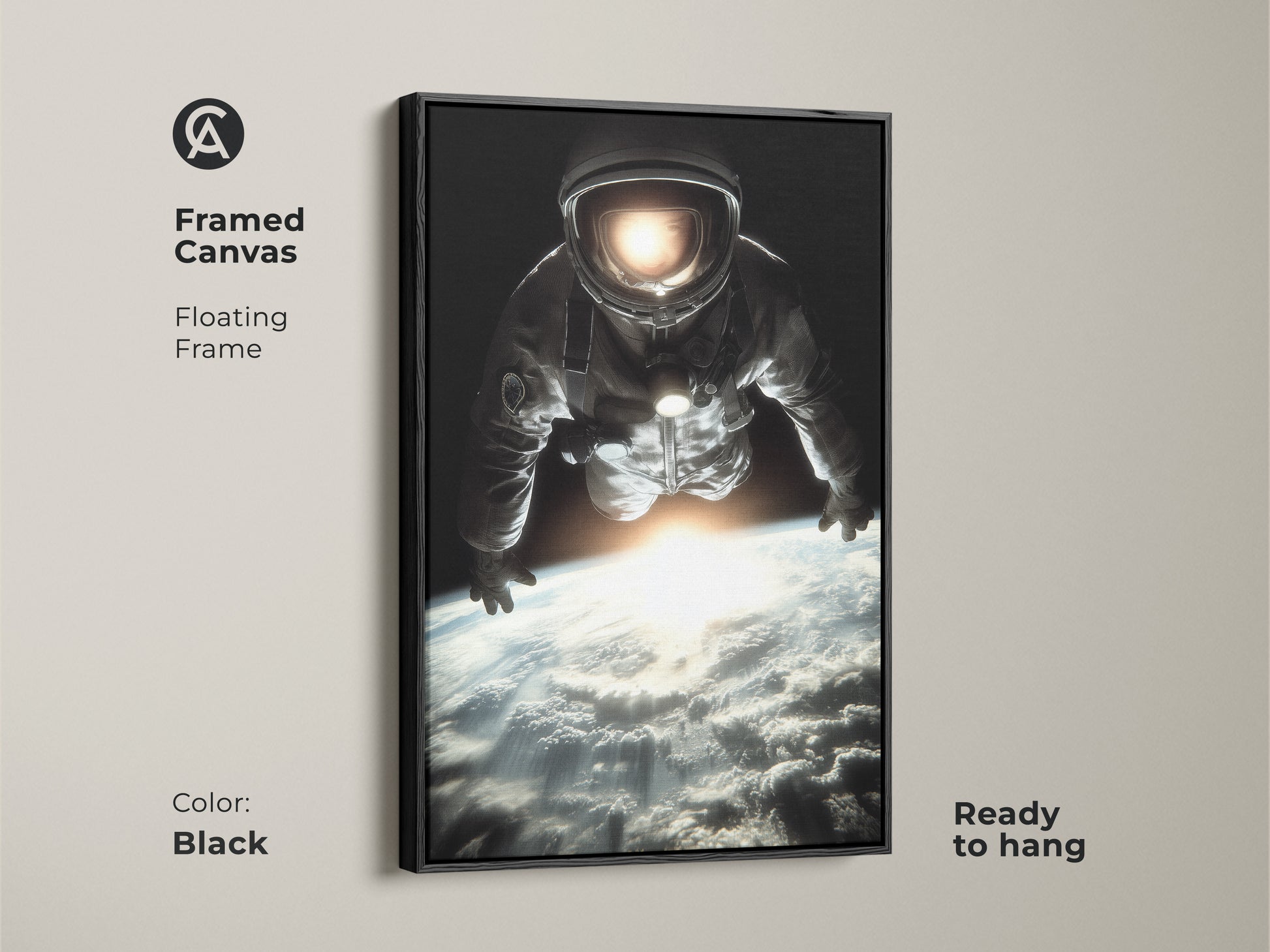 Framed canvas art featuring an astronaut floating in space. The black floating frame enhances the cinematic Earth view decor. Ready to hang. This photorealistic astronaut art is a stunning addition to any room. The black blue white colors add a modern touch. A unique gift for space lovers.