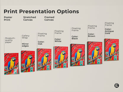Print presentation options for a blue yellow macaw art. See poster prints stretched canvas and framed options. Find the perfect tropical bird wall art for your style and space today.