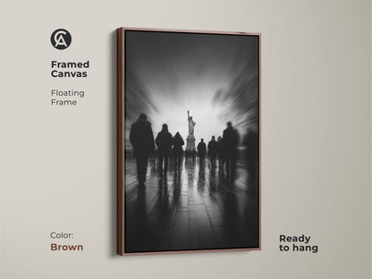 Add warmth to your walls with this framed canvas art in brown. A stunning monochrome depiction of the Statue of Liberty amidst blurred figures. The floating frame enhances the artwork's visual appeal. Ready to hang and bring New York's charm to your home.
