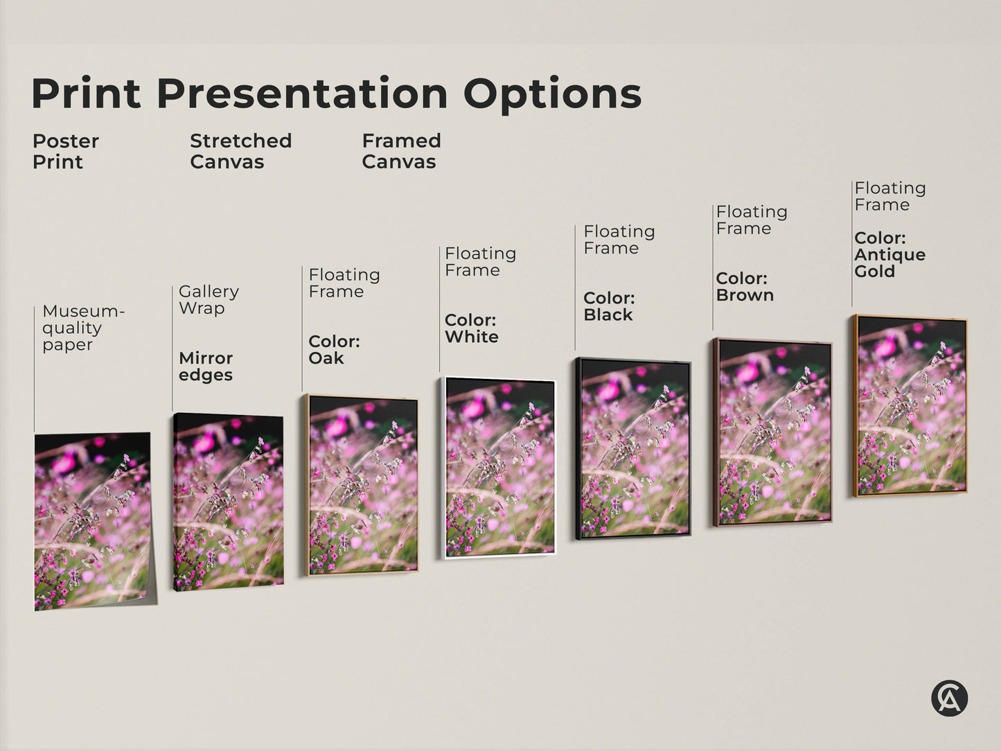 Print presentation options showcasing various formats. Choose from poster print stretched canvas or framed canvas. Each features the pink wildflower macro photo. Select a style that matches your home decor.