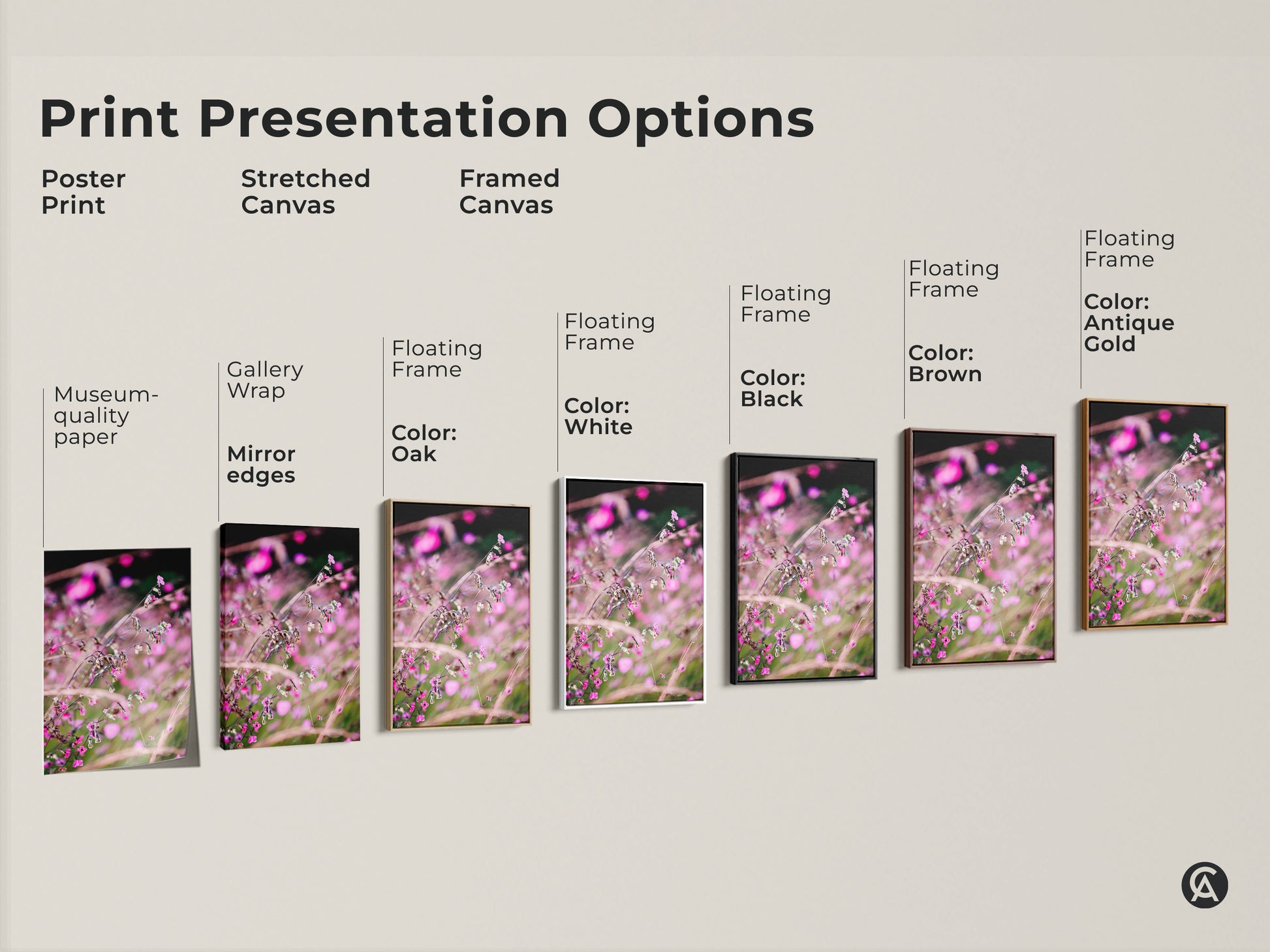Print presentation options showcasing various formats. Choose from poster print stretched canvas or framed canvas. Each features the pink wildflower macro photo. Select a style that matches your home decor.