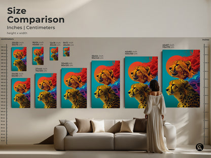 A close up abstract cheetah poster print is displayed. Highlighting teal orange and sun elements with vibrant swirls. This wildlife animal canvas print offers eclectic bedroom decor. This modern artwork is a thoughtful housewarming gift. The poster's vivid colors and unique style make it a standout piece.
