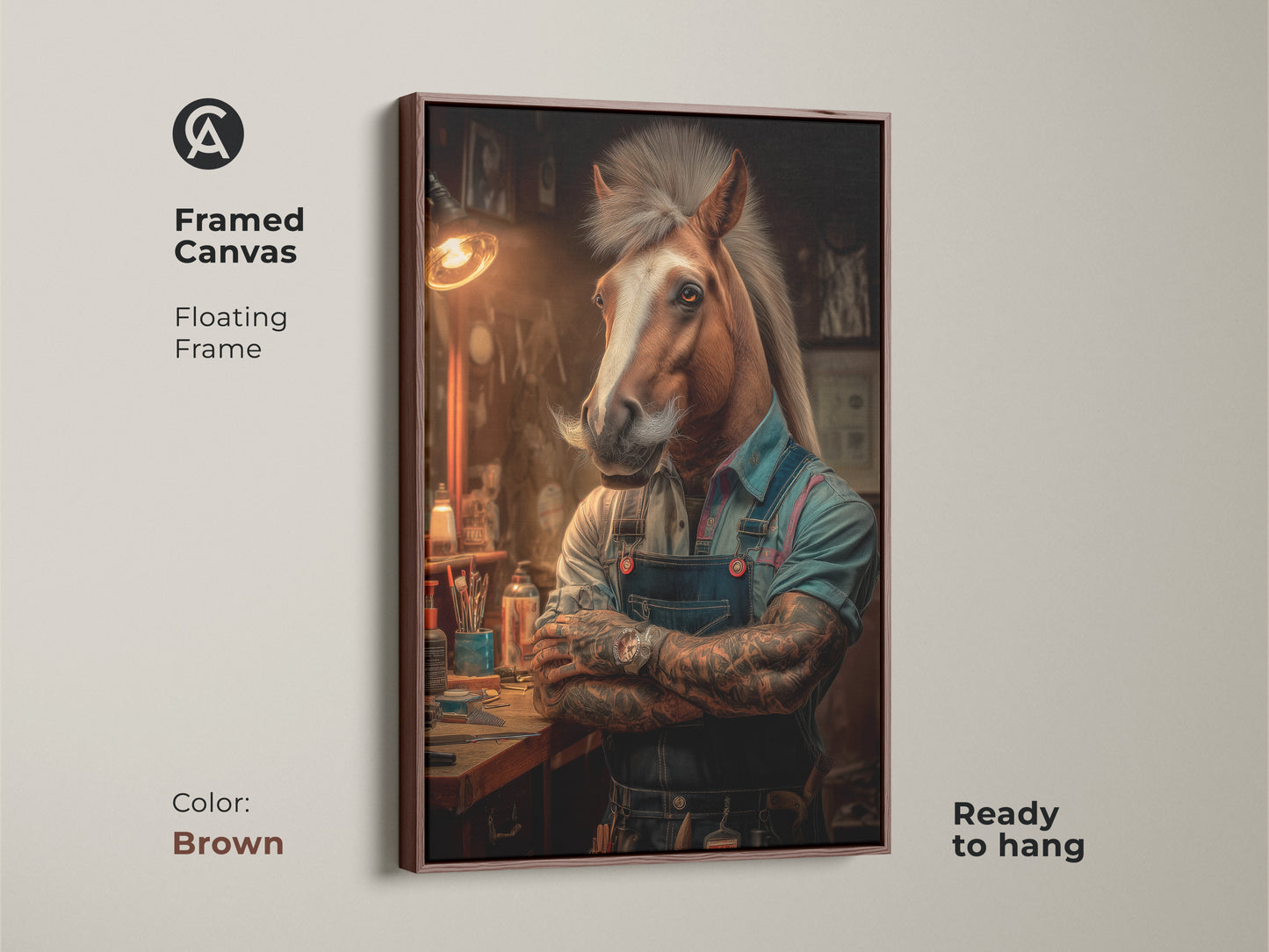 Framed canvas print showcases a horse dressed as a barber in a surreal neo noir style. This unique animal art is set in a floating brown frame. Ready to hang this anthropomorphic art print is a statement piece. A great addition to eclectic home decor or as a gift for horse lovers.