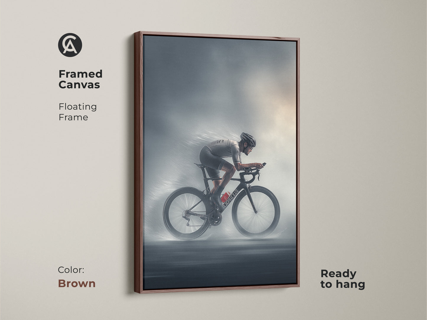 Framed canvas showcasing a road cyclist artwork with a floating frame. The brown frame complements the charcoal and silver tones. This dynamic sports canvas is ready to hang. Ideal for adding a touch of athletic energy to a professional office or home. A perfect gift for cycling enthusiasts.
