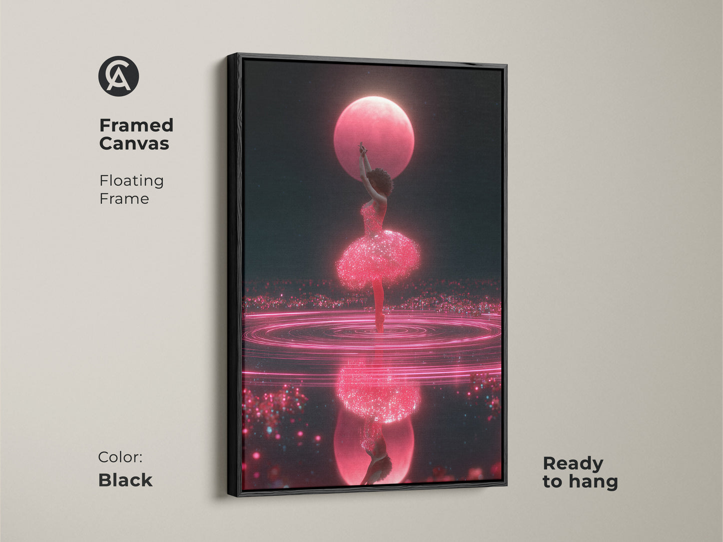 Framed canvas featuring cosmic ballerina art with a black floating frame. The hot pink ballet print showcases a surreal dance. Ready to hang this dark blue fantasy artwork adds a contemporary touch to any room and makes a great gift for ballerinas.