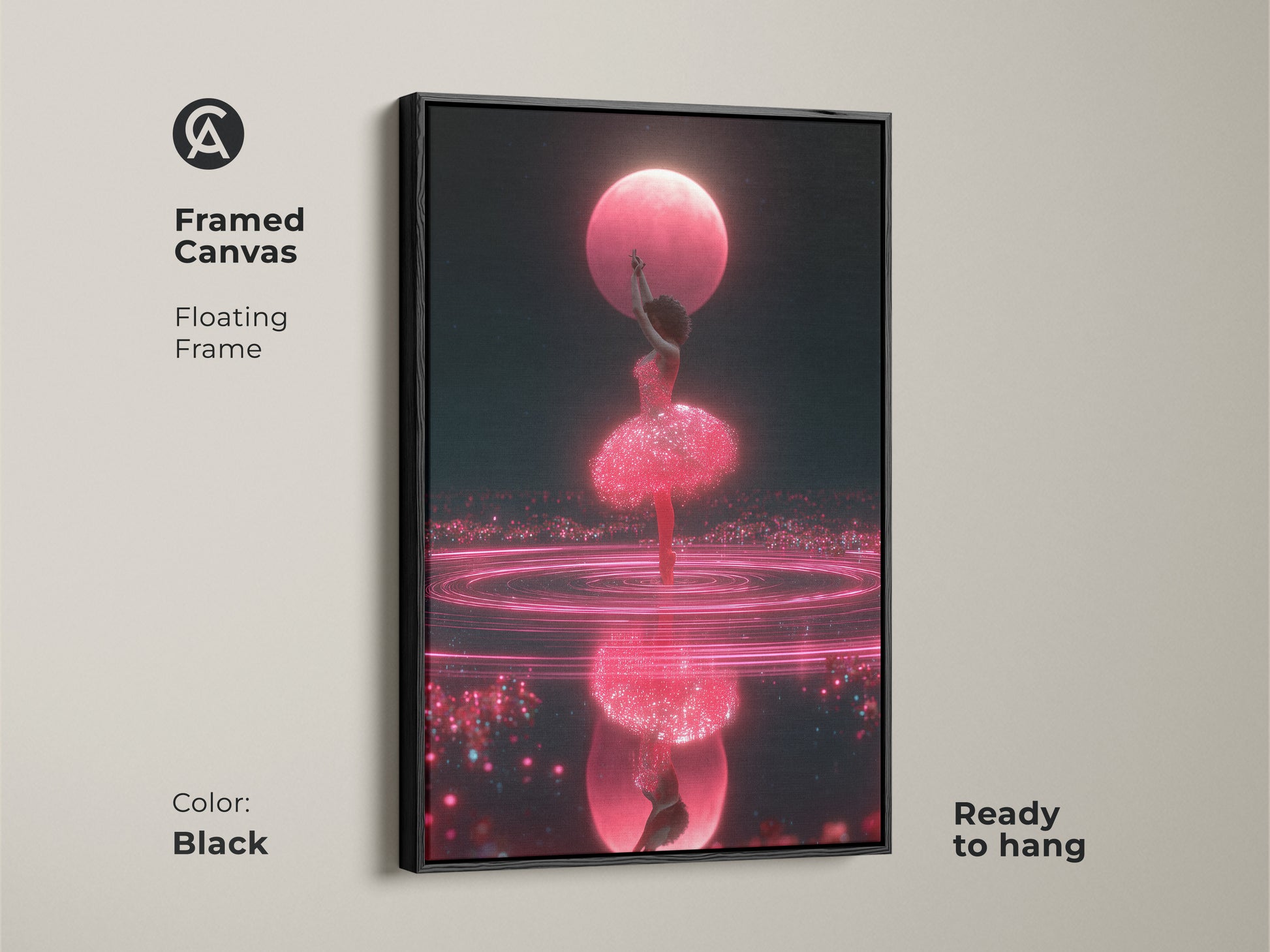 Framed canvas featuring cosmic ballerina art with a black floating frame. The hot pink ballet print showcases a surreal dance. Ready to hang this dark blue fantasy artwork adds a contemporary touch to any room and makes a great gift for ballerinas.