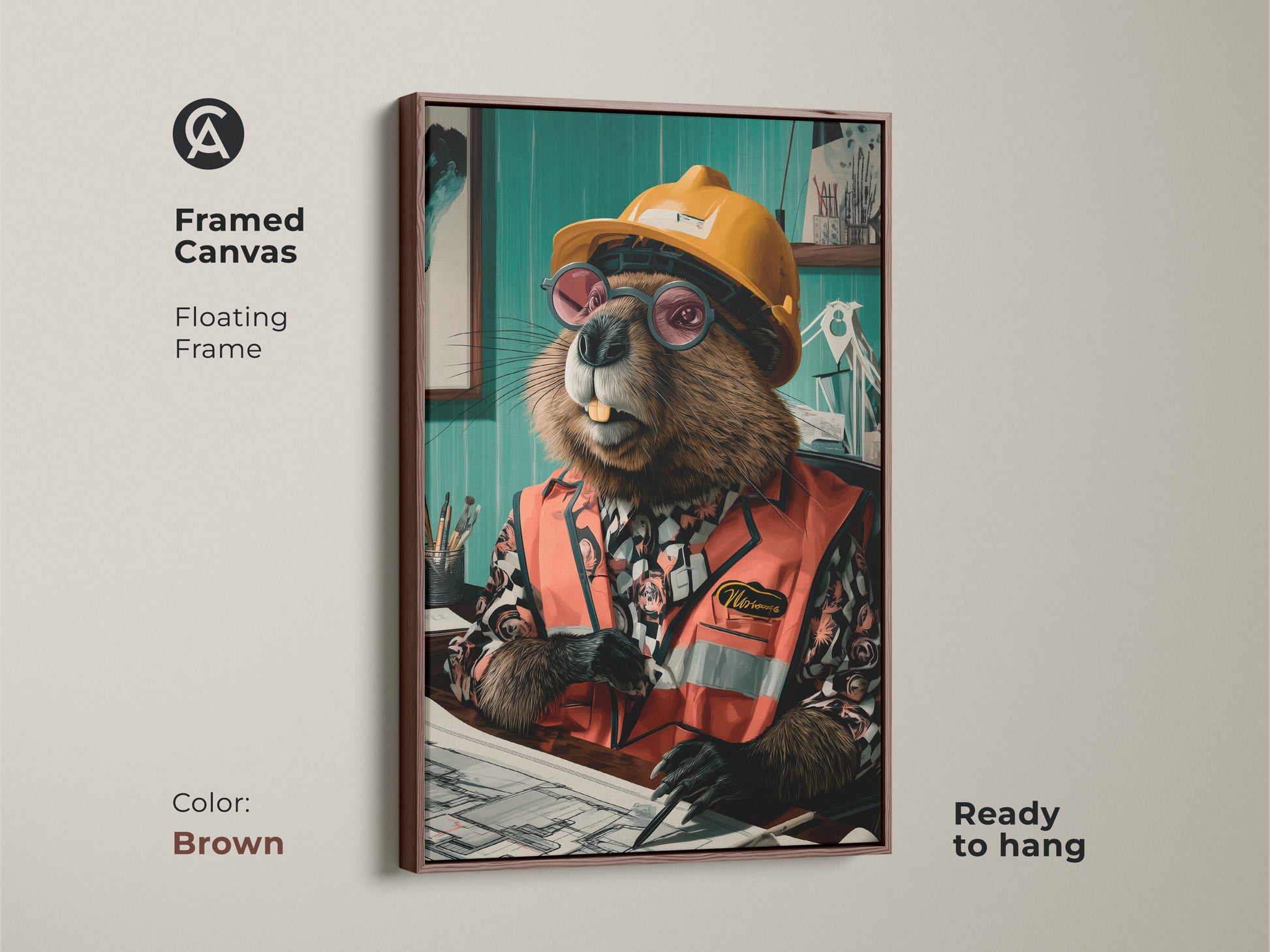 Framed canvas with a brown floating frame showing a beaver engineer. A humorous animal wall hanging for office. Makes a thoughtful gift for architects. The animal in glasses artwork is fun for any workspace.