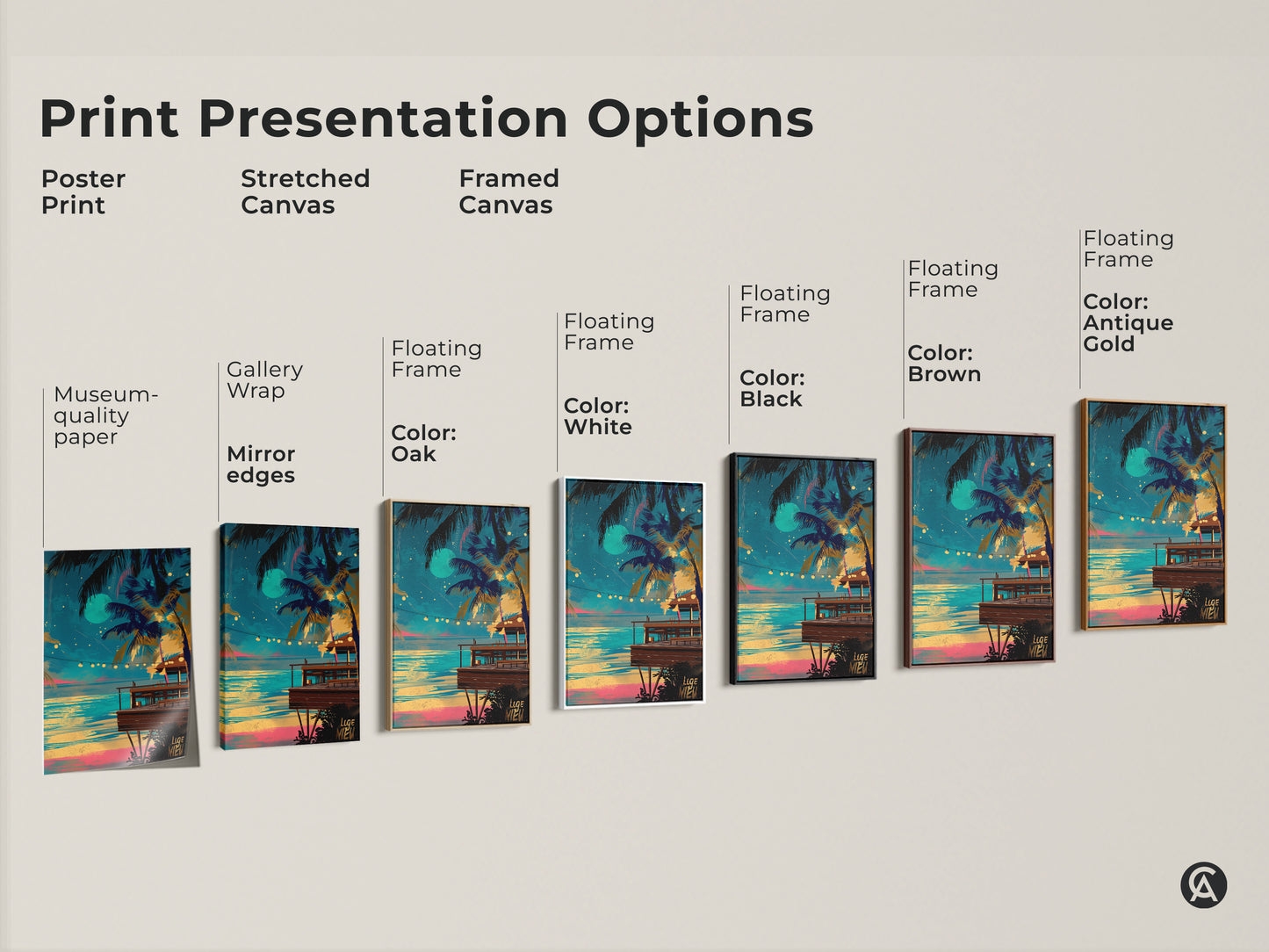 Sizing guide for vertical tropical palm tree art prints. Available in small medium and large sizes. The canvas and poster artwork features a beach bar night scene. Dimensions range from 8x12 inches to 45x67 inches. Find the perfect fit for your boho coastal wall decor. Teal blue and yellow aesthetic.