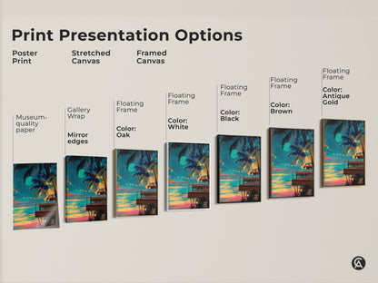 Sizing guide for vertical tropical palm tree art prints. Available in small medium and large sizes. The canvas and poster artwork features a beach bar night scene. Dimensions range from 8x12 inches to 45x67 inches. Find the perfect fit for your boho coastal wall decor. Teal blue and yellow aesthetic.