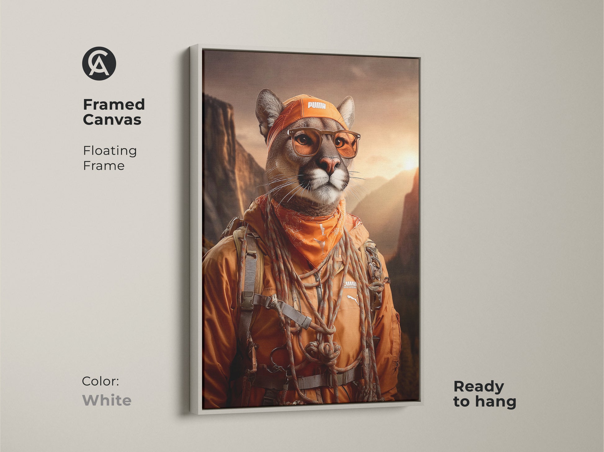 White Framed Canvas Amber Mountain Cougar Art. Mountain landscape wall art is ready to hang. The floating frame canvas artwork is modern. This is the perfect eclectic office decor. The anthropomorphic art is a nature inspired piece. Add this to your home.