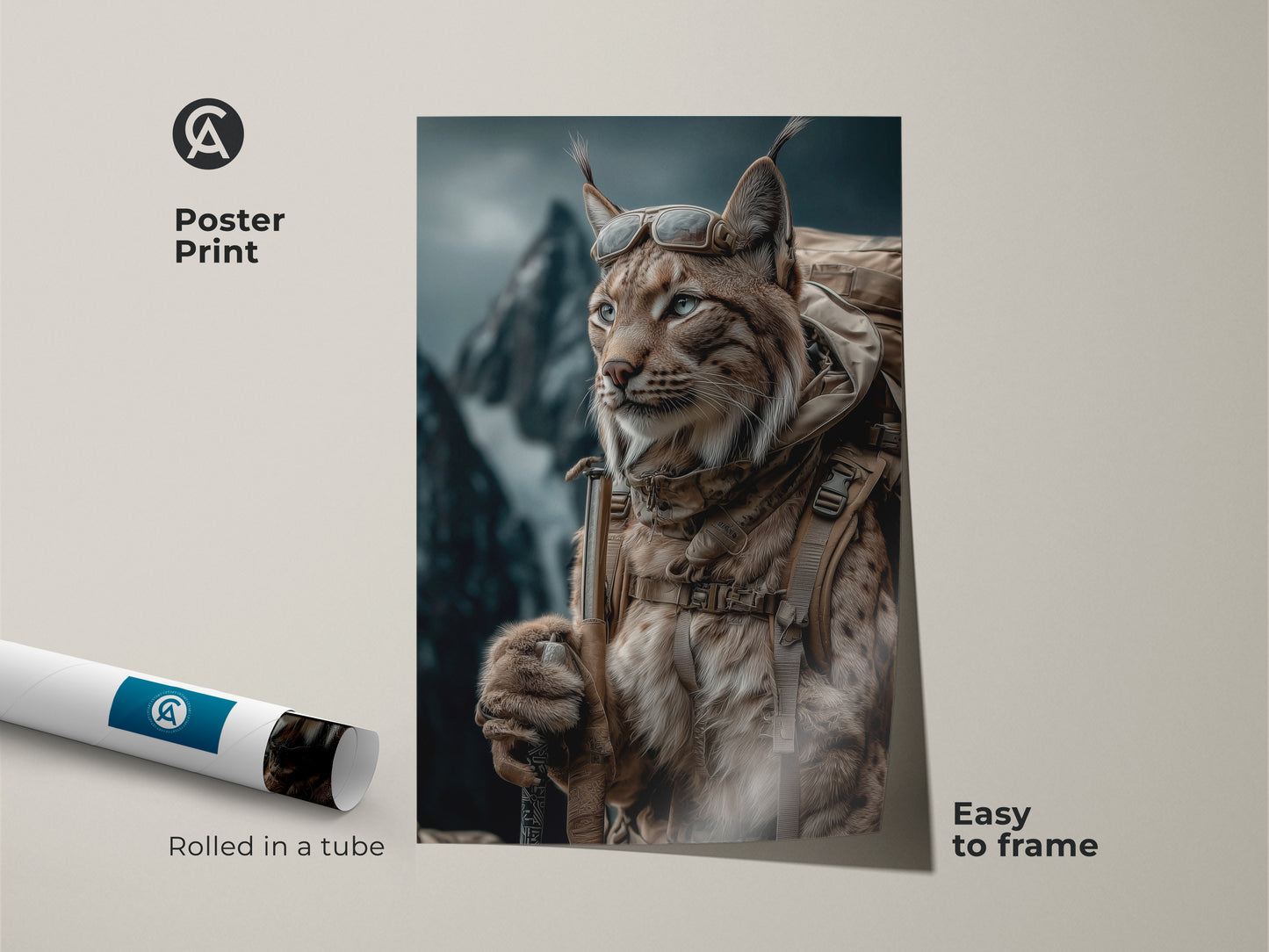 Poster print of a rustic Lynx artwork. Rolled in a tube and easy to frame. This photorealistic lynx is dressed for outdoor adventure. This unique home office artwork features a backpack and goggles. The tan brown teal artwork brings wildlife charm to any space. Perfect gift for nature lovers.