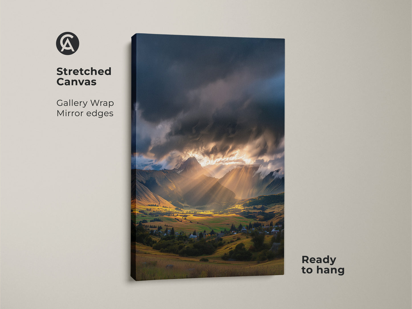 Stretched canvas of a mountain valley art print. Golden hour landscape brings dramatic sun rays into focus. Gallery wrap with mirror edges makes it ready to hang. Contemporary nature decor for outdoor enthusiasts.